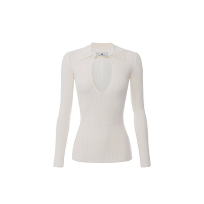 Maglia Donna a costine bianca con gioiello