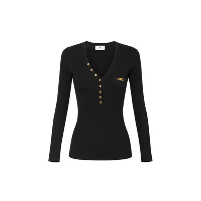 Maglia Donna a coste con taschino Nero