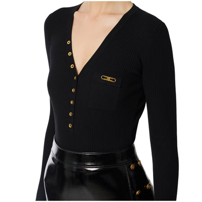 Maglia Donna a coste con taschino Nero modella ravvicinata