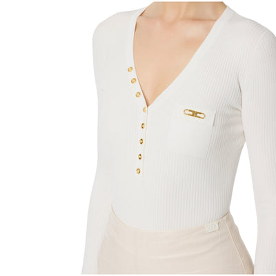 Maglia Donna a coste con taschino Bianco modella ravvicinata