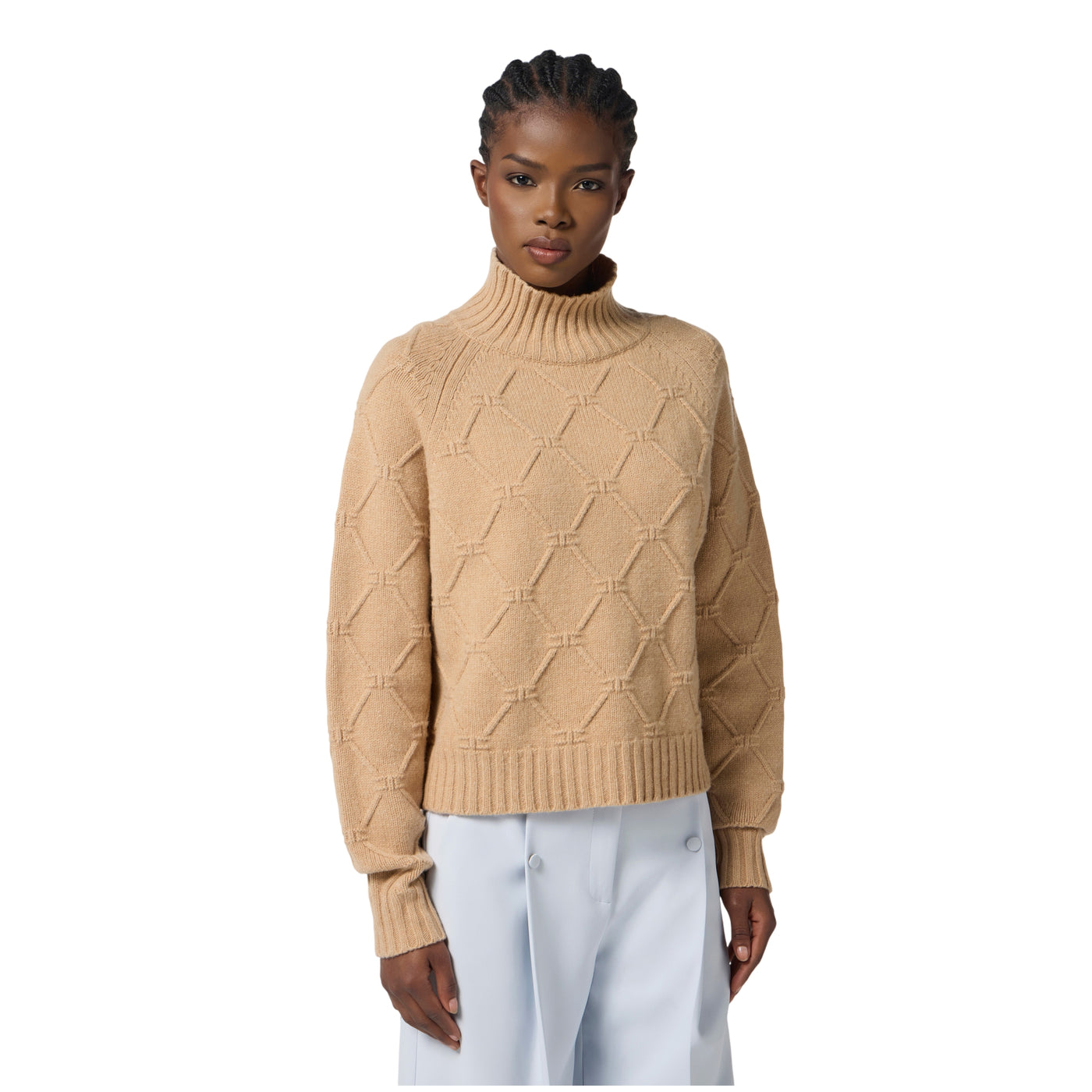 Maglia Donna con losanghe jacquard Beige modella frontale