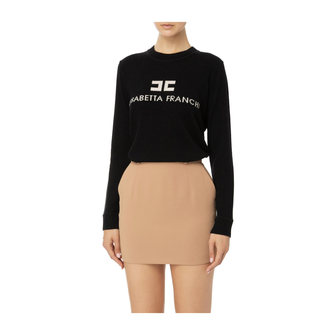 Pullover Donna in lana vergine con bordi a costine e logo a contrasto