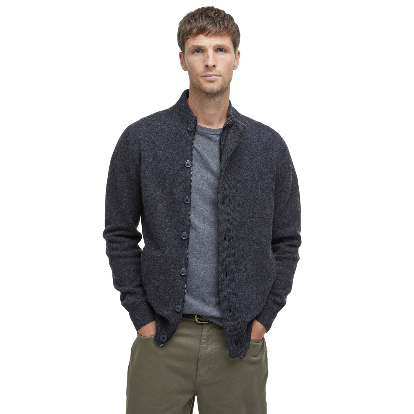 Maglione Uomo con zip e bottoni Patch Blu modello frontale