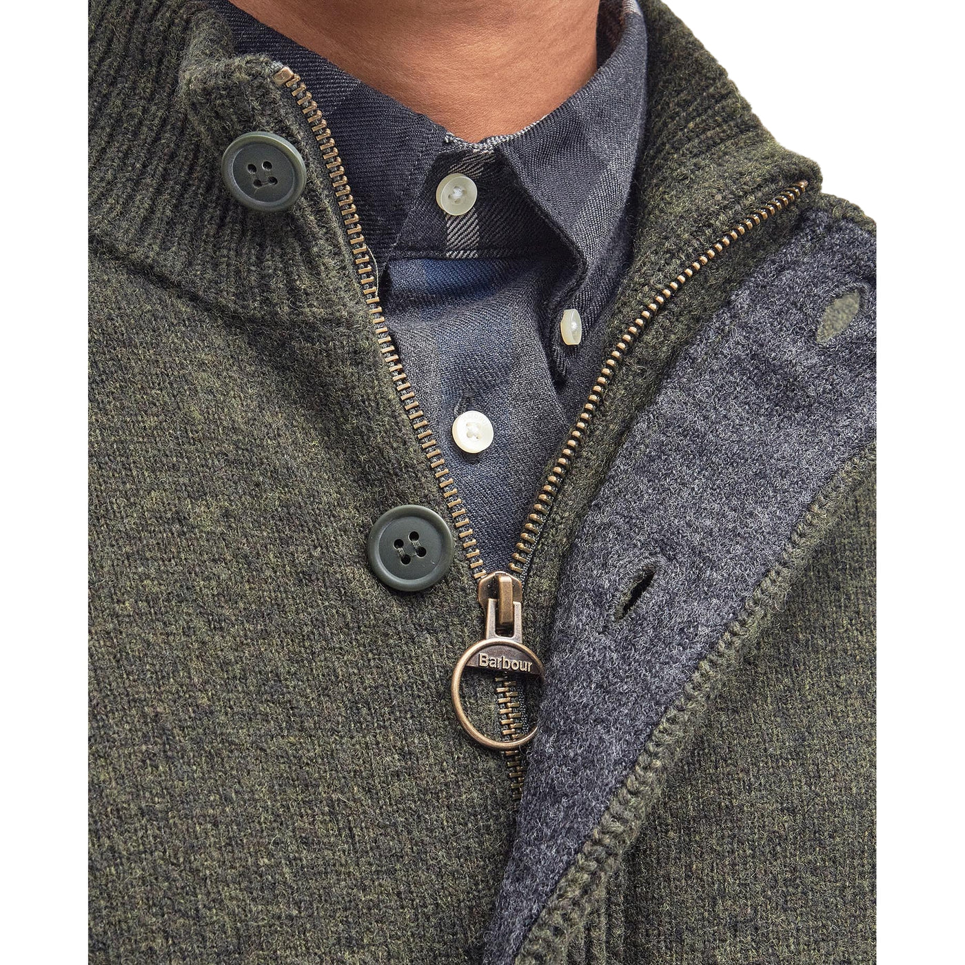 Maglione Uomo con zip e bottoni Patch Verde dettaglio chiusura