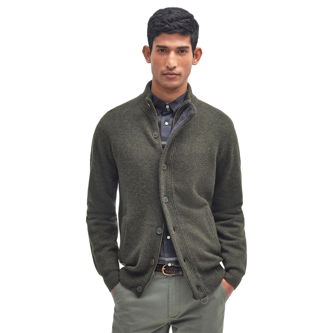 Maglione Uomo con zip e bottoni Patch Verde modello frontale