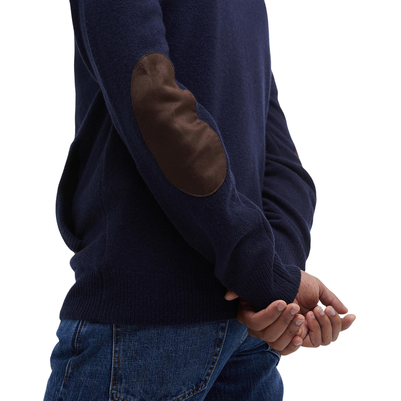 Maglione Uomo con zip e bottoni Patch Navy dettaglio toppe