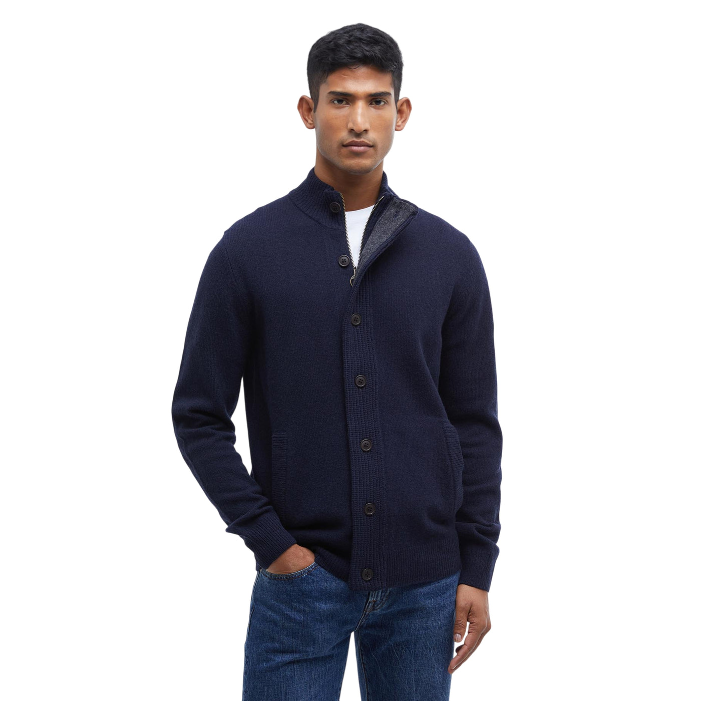 Maglione Uomo con zip e bottoni Patch Navy modello frontale