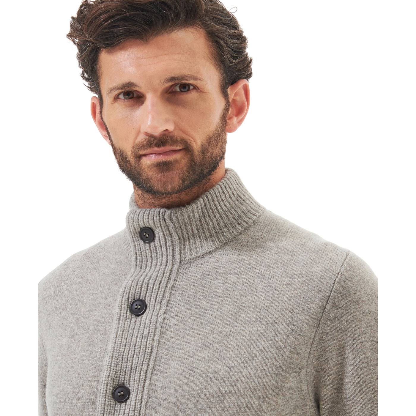 Maglione Uomo con zip e bottoni Patch Grigio modello frontale ravvicinato