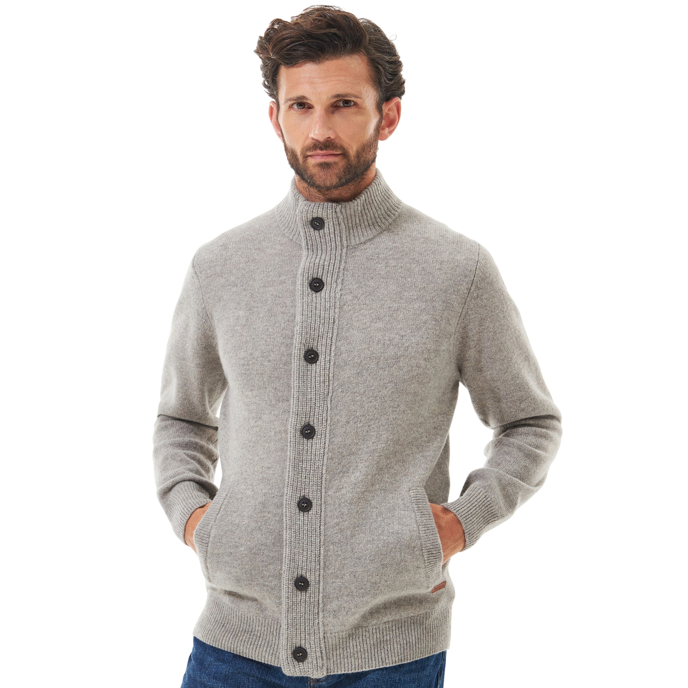 Maglione Uomo con zip e bottoni Patch Grigio modello frontale