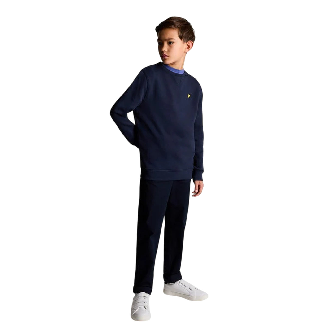 Felpa girocollo da bambino in navy modello frontale intero