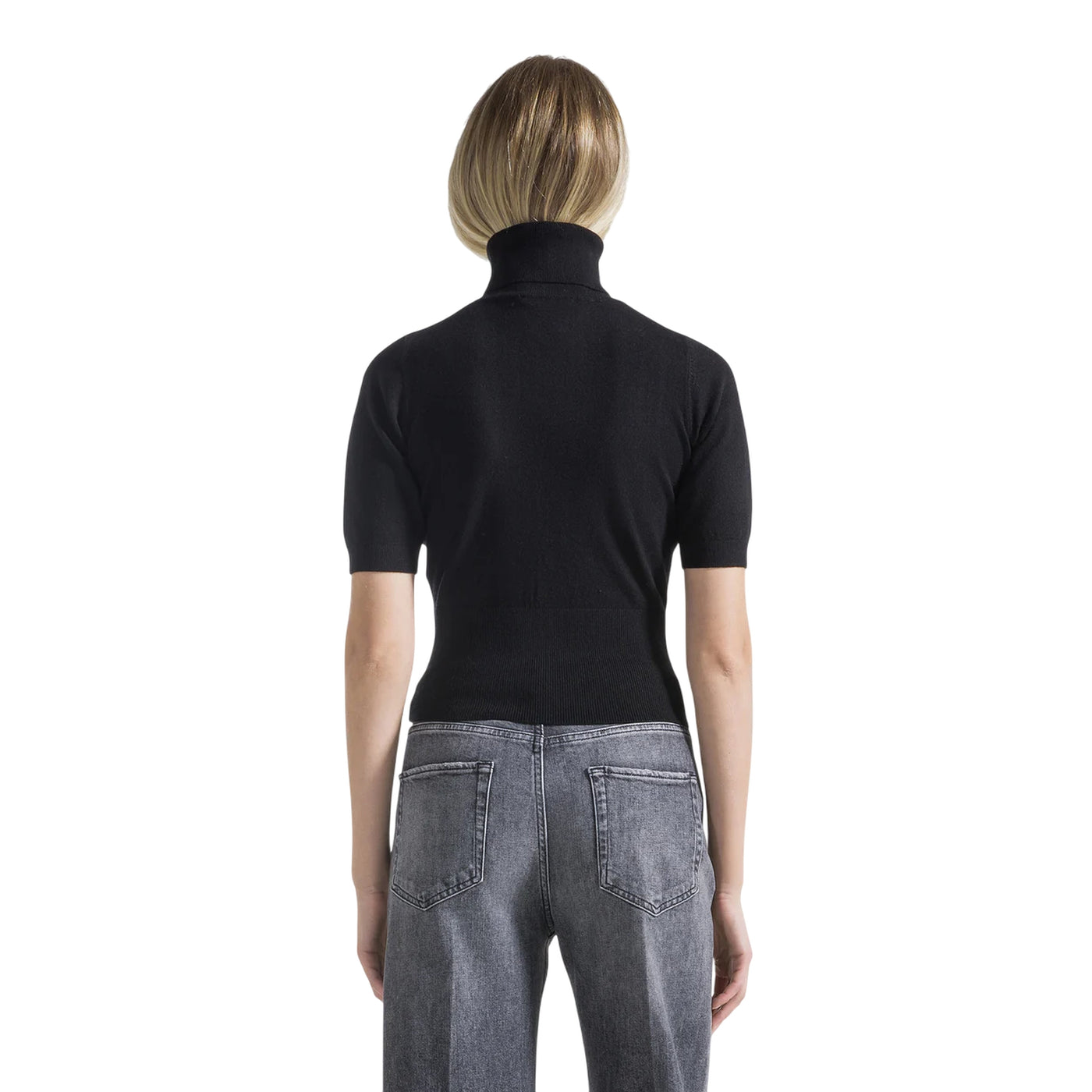 Dolcevita Donna a maniche corte con strass Nero modella retro