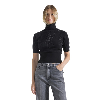 Dolcevita Donna a maniche corte con strass Nero modella frontale