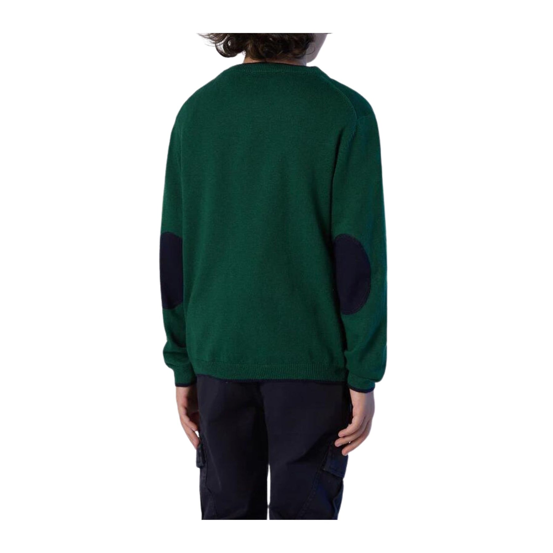 North Sails maglione verde bambino in cotone con logo sul petto ricamato e  toppe sui gomiti