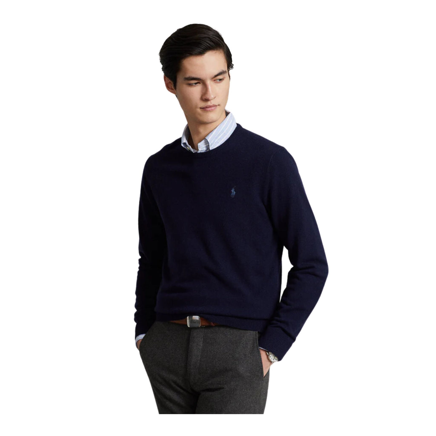 Immagine frontale,maglia uomo Ralph Lauren in blu,maniche lunghe,girocollo e logo del brand ricamato.