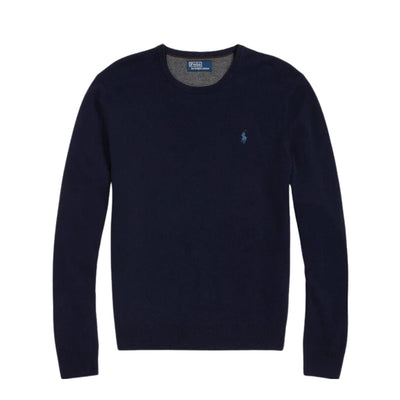 Immagine frontale,maglia uomo Ralph Lauren in blu,maniche lunghe,girocollo e logo del brand ricamato.