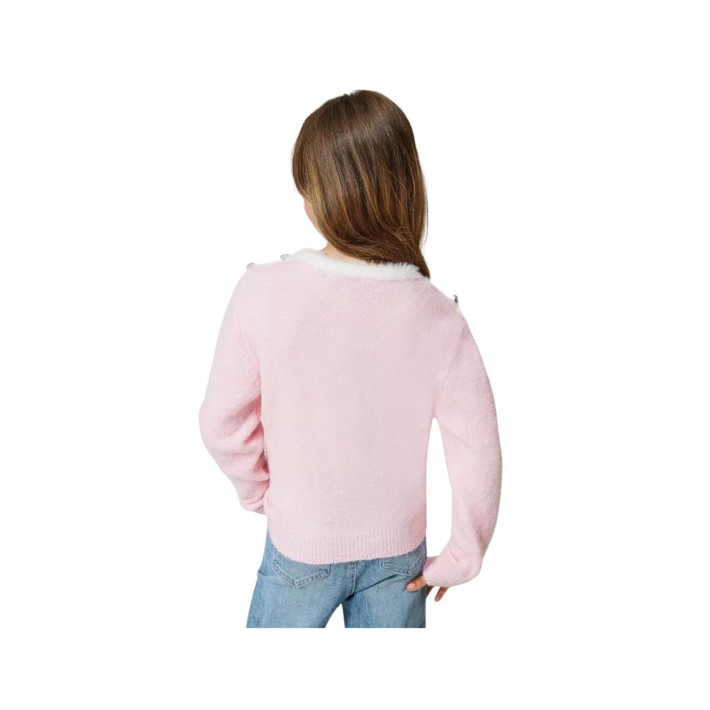 Maglia da bambina rosa firmata Twinset vista retro su modella