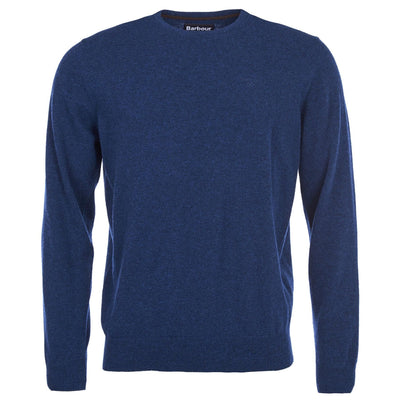 Immagine frontale della maglia in lana da uomo firmata Barbour in blu,con manica lunga, girocollo e logo tono su tono