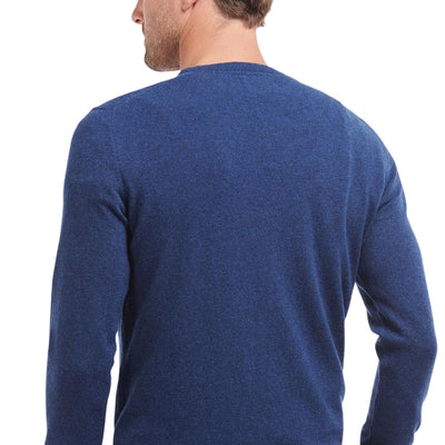 Retro della maglia da uomo in lana colore blu con manica lunga e scollo a girocollo.