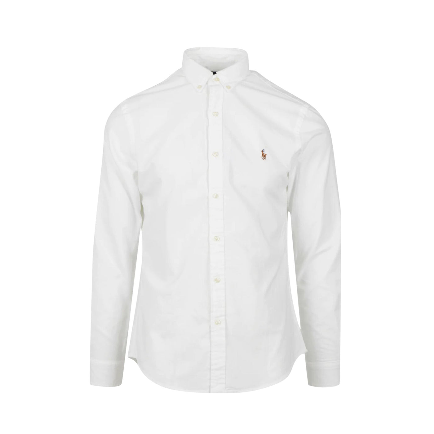 Immagine frontale della camicia bianca da uomo firmata Ralph Lauren,con colleto classico,manica lunga e chiusura con bottoni
