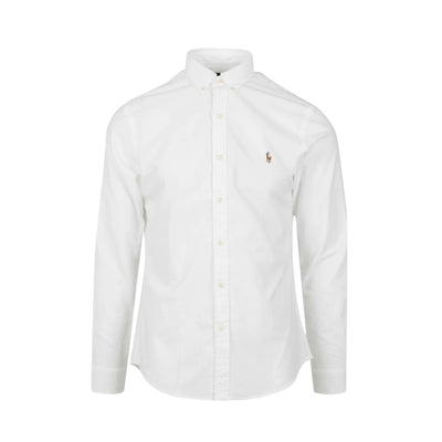 Immagine frontale della camicia bianca da uomo firmata Ralph Lauren,con colleto classico,manica lunga e chiusura con bottoni