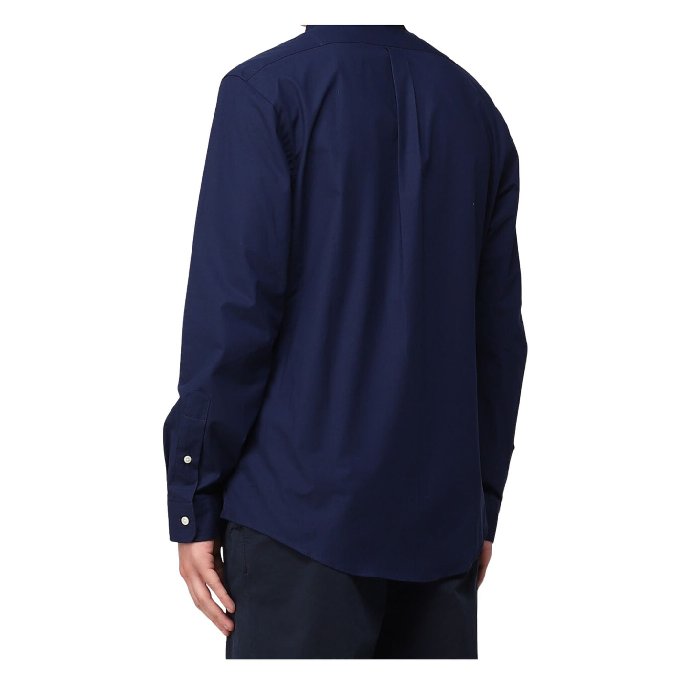 Immagine retro della camicia blu da uomo firmata Ralph Lauren,manica lunga,polsini con bottoni.