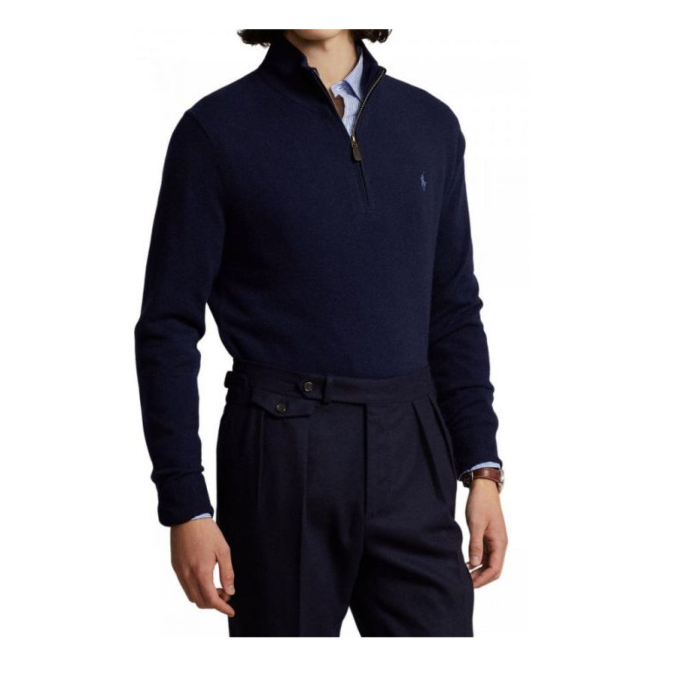 Immagine frontale,maglia uomo blu con zip,manica lunga e logo ricamato Polo Ralph Lauren