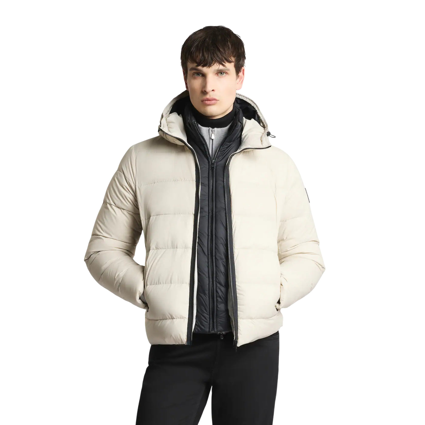 Piumino Uomo corto Beige, calandrato, con cappuccio