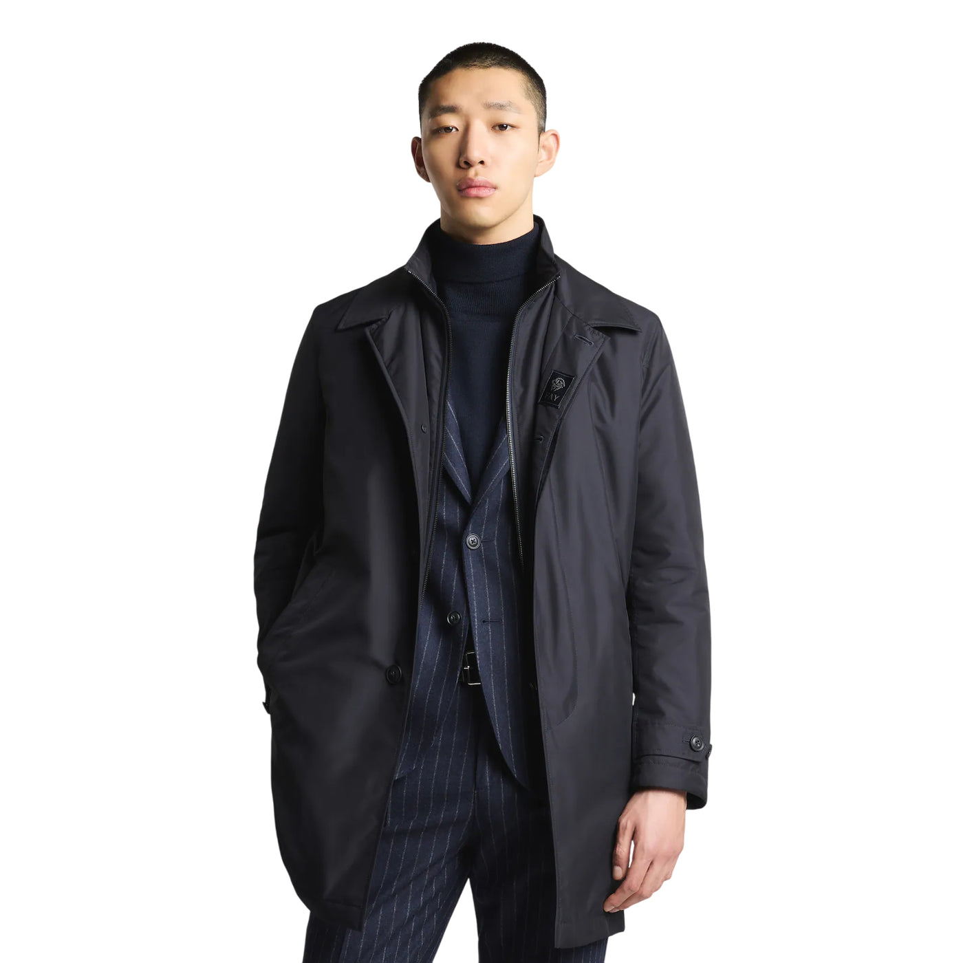 Cappotto Uomo Navy idrorepellente, monopetto con fascette sui polsi 