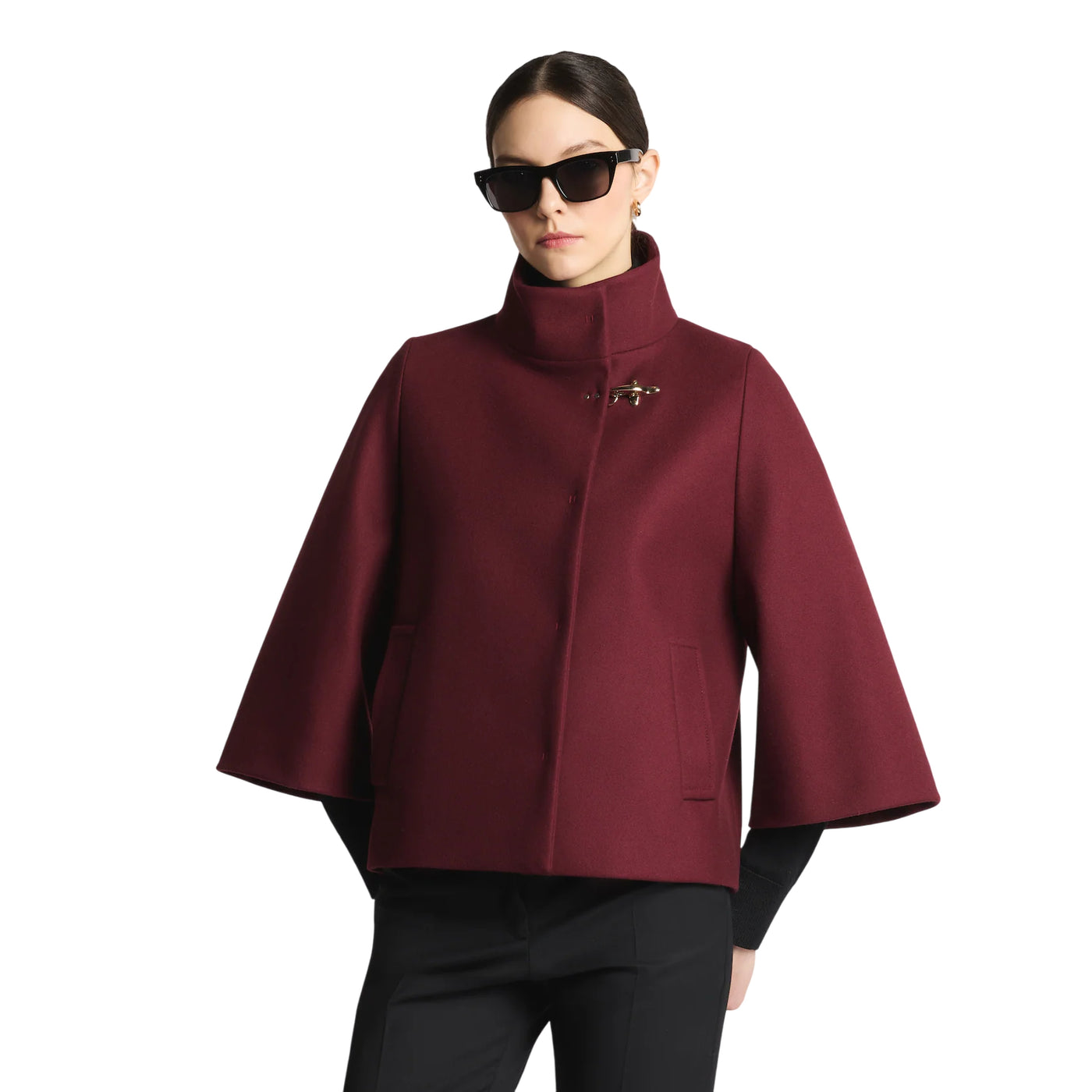 Cappotto Donna corto Bordeaux, con iconico gancio e collo alto