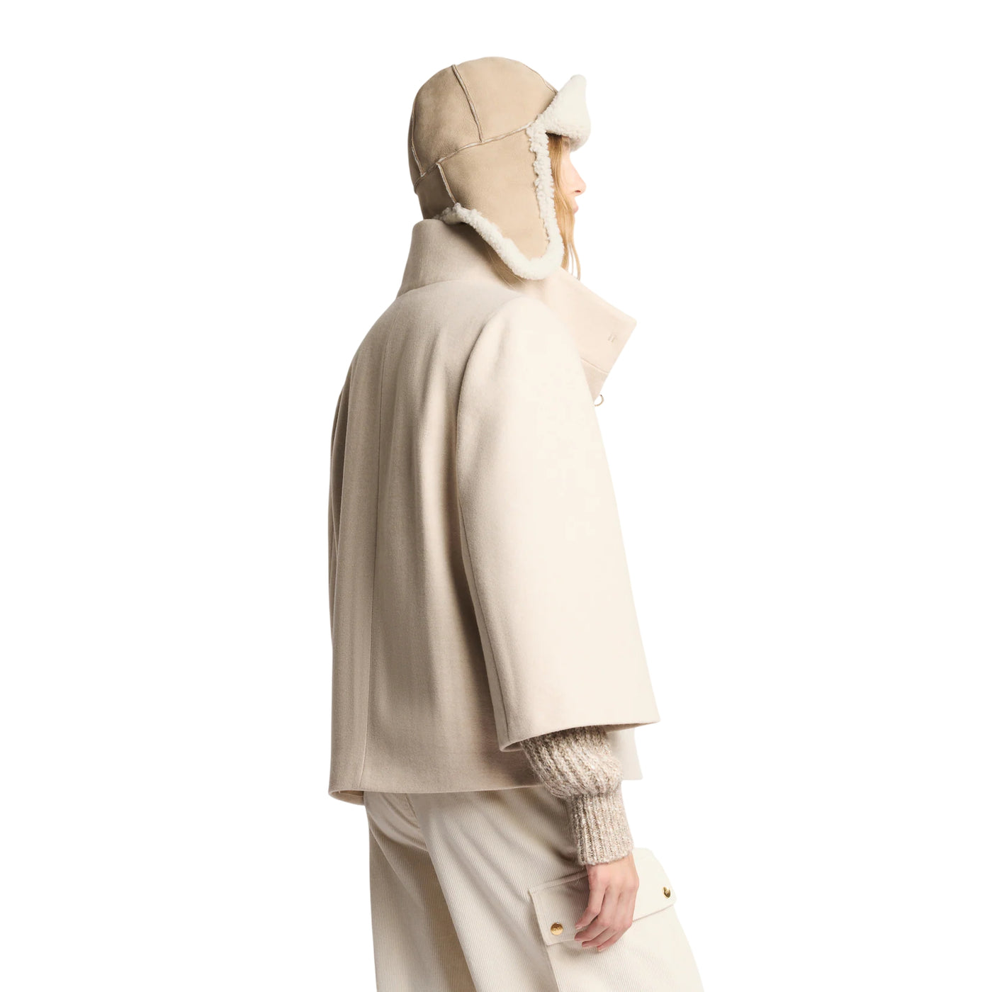 Cappotto Donna corto Beige, con iconico gancio e collo alto