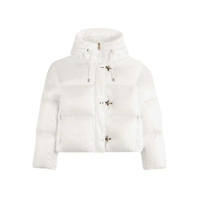 Piumino Donna Bianco corto, con cappuccio e ganci iconici 