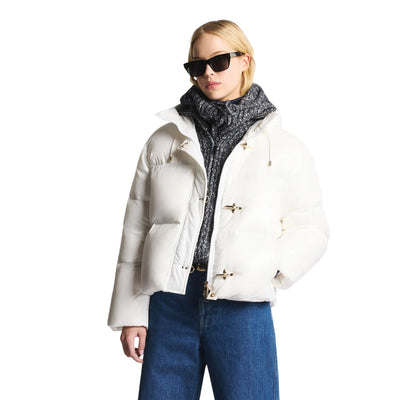 Piumino Donna Bianco corto, con cappuccio e ganci iconici 