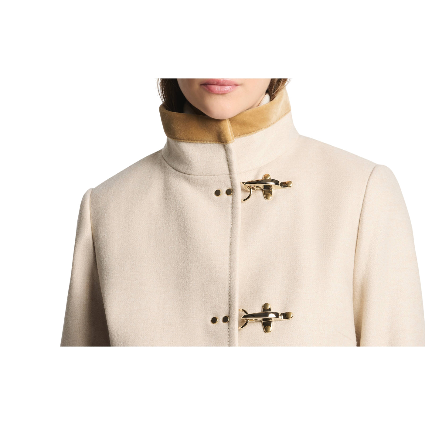 Cappotto Donna in Panno di Lana Beige dettaglio ganci