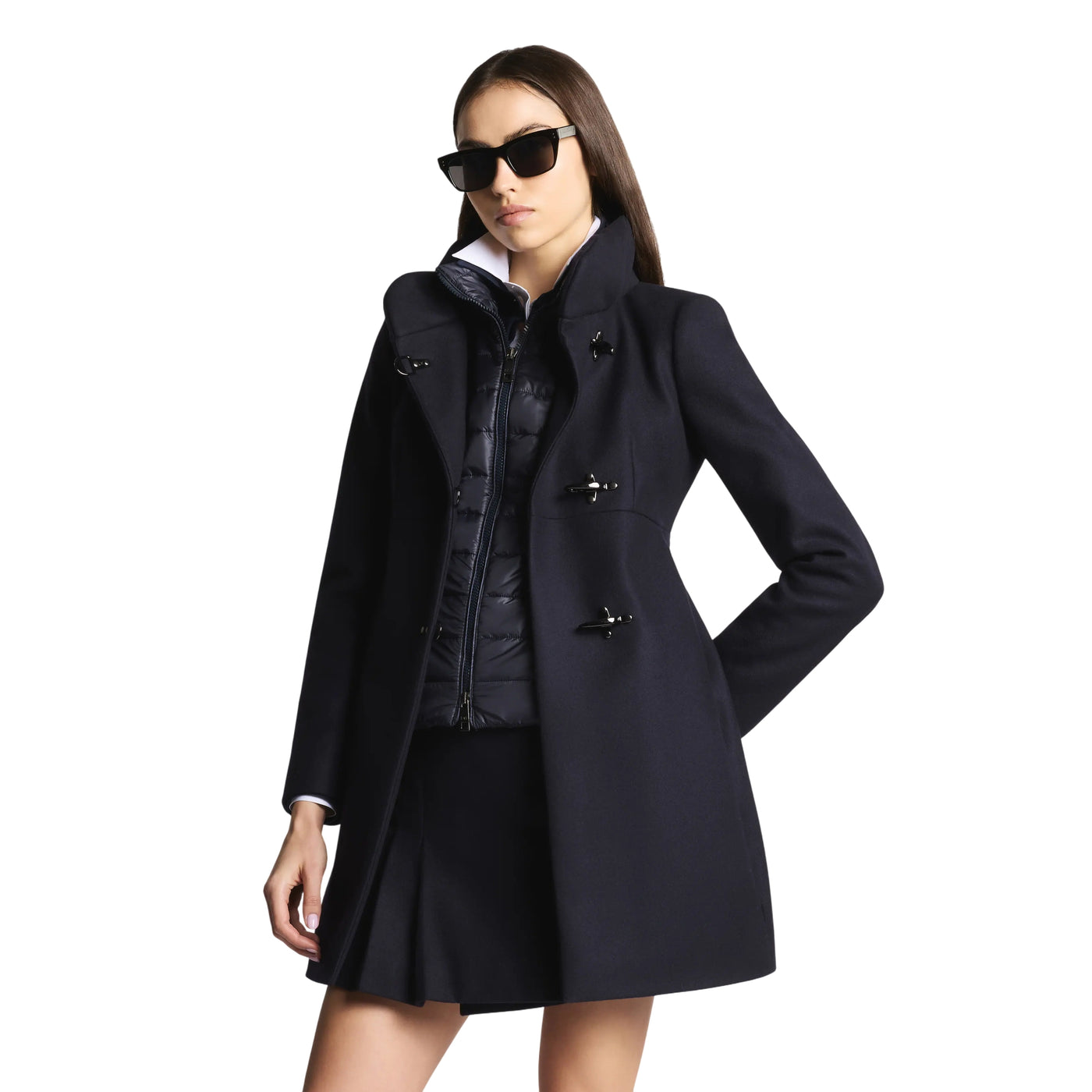 Cappotto Donna con collo ampio Navy modella frontale