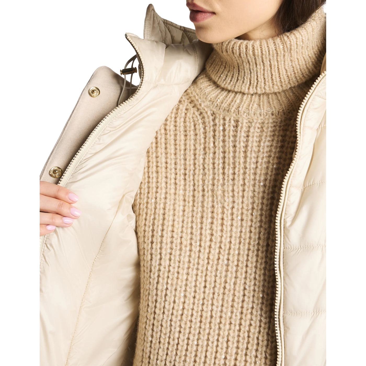Cappotto Donna con cappuccio imbottito Beige interno