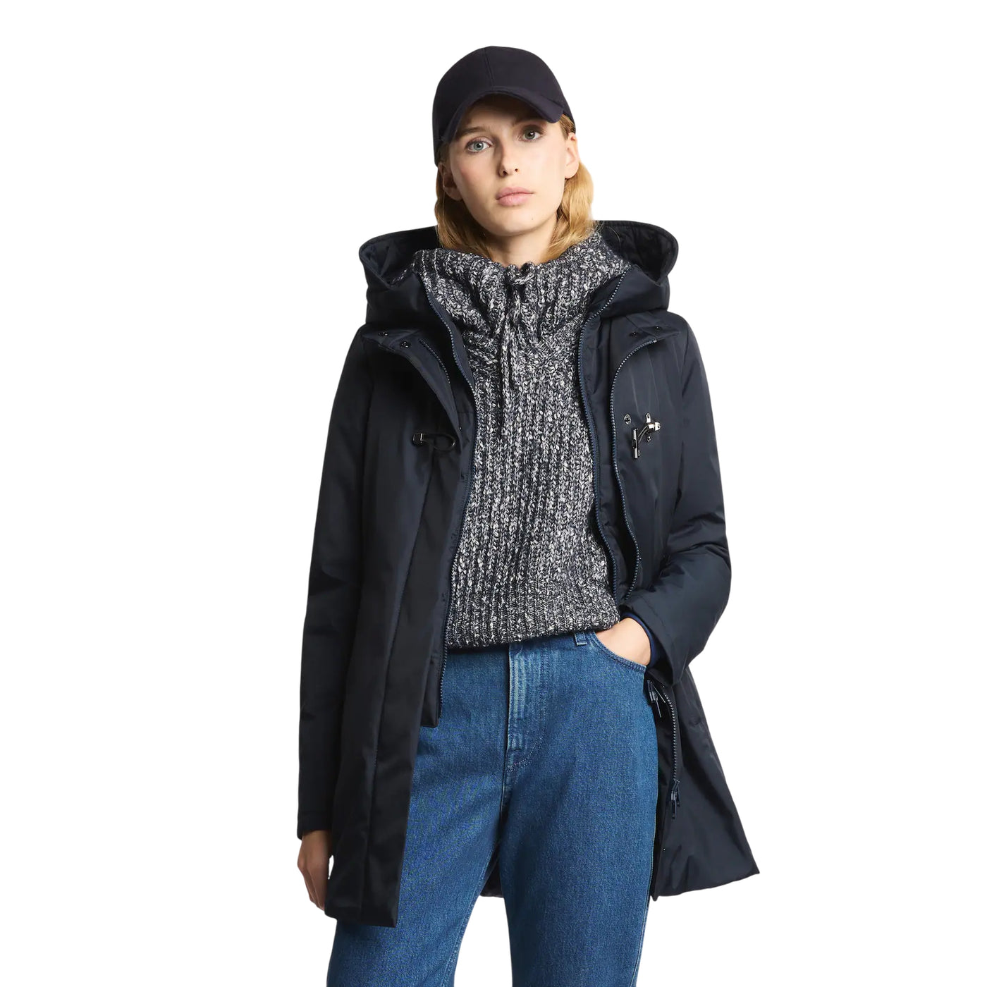 Parka Donna con chiusura ad alamaro Navy modella frontale