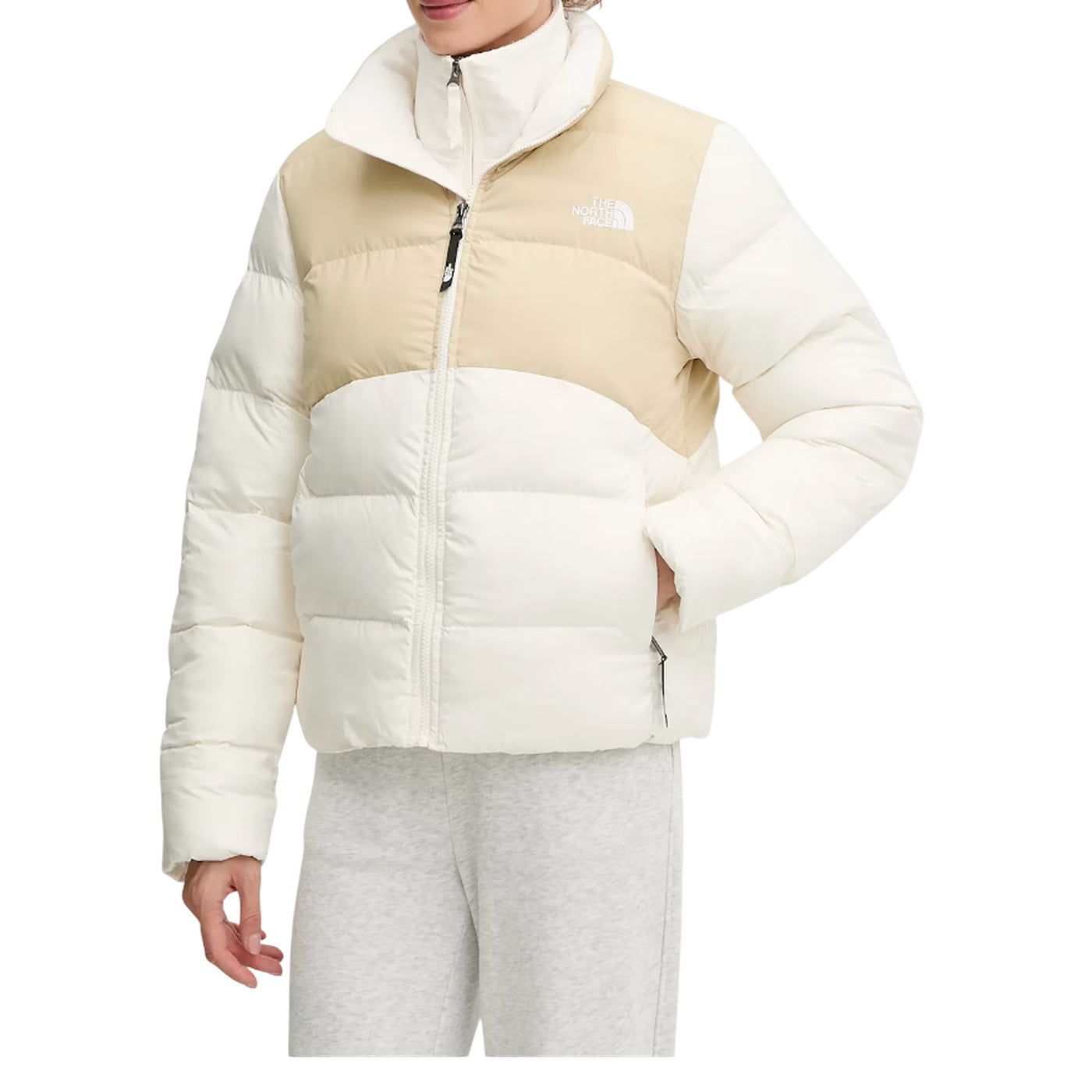 Piumino Donna corto Bianco/Beige, con collo alto e doppio logo