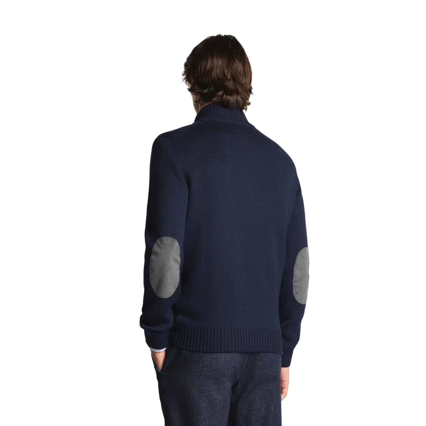 Maglia Uomo in lana vergine, con scollatura dotata di gancio e toppe sui gomiti