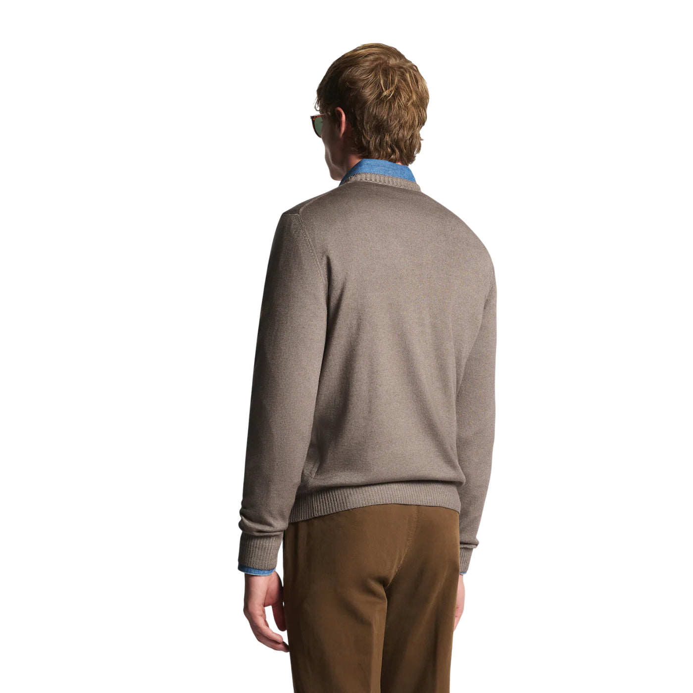 Maglia Uomo girocollo, in lana rasata Beige, con bordi a costine