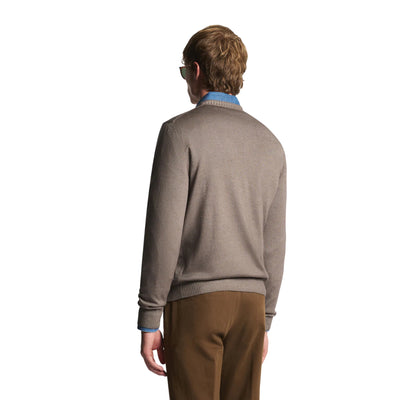 Maglia Uomo girocollo, in lana rasata Beige, con bordi a costine