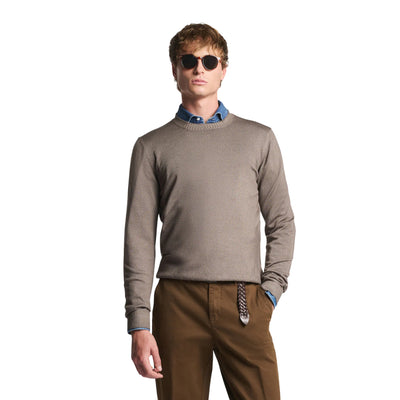 Maglia Uomo girocollo, in lana rasata Beige, con bordi a costine