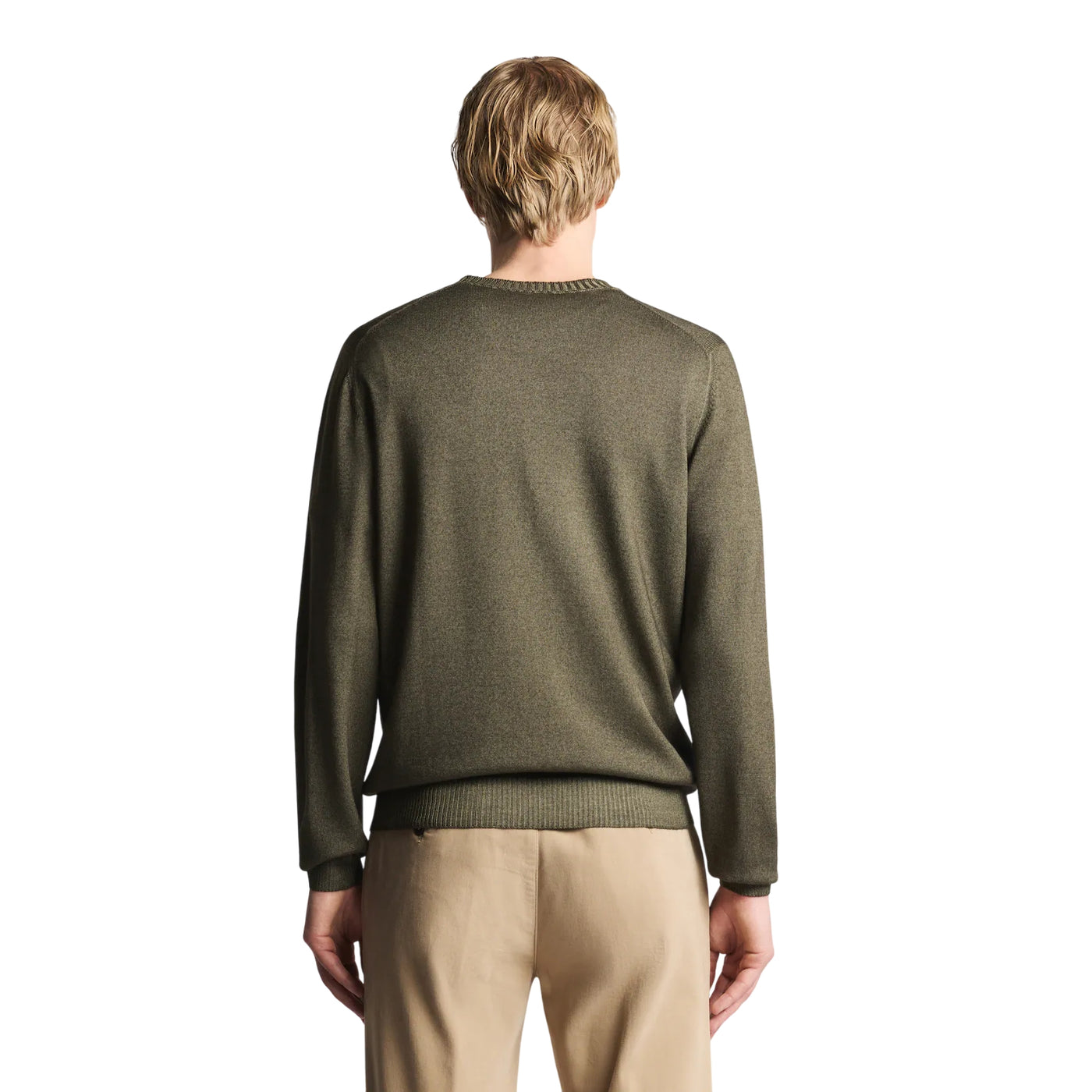 Maglia Uomo girocollo, in lana rasata Verde, con bordi a costine