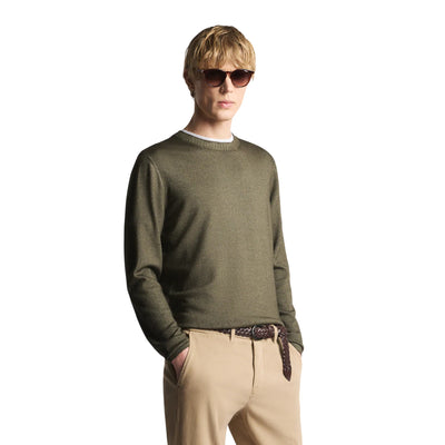 Maglia Uomo girocollo, in lana rasata Verde, con bordi a costine