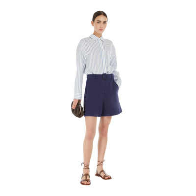 Camicia Donna in lino a righe azzurro modella intera frontale
