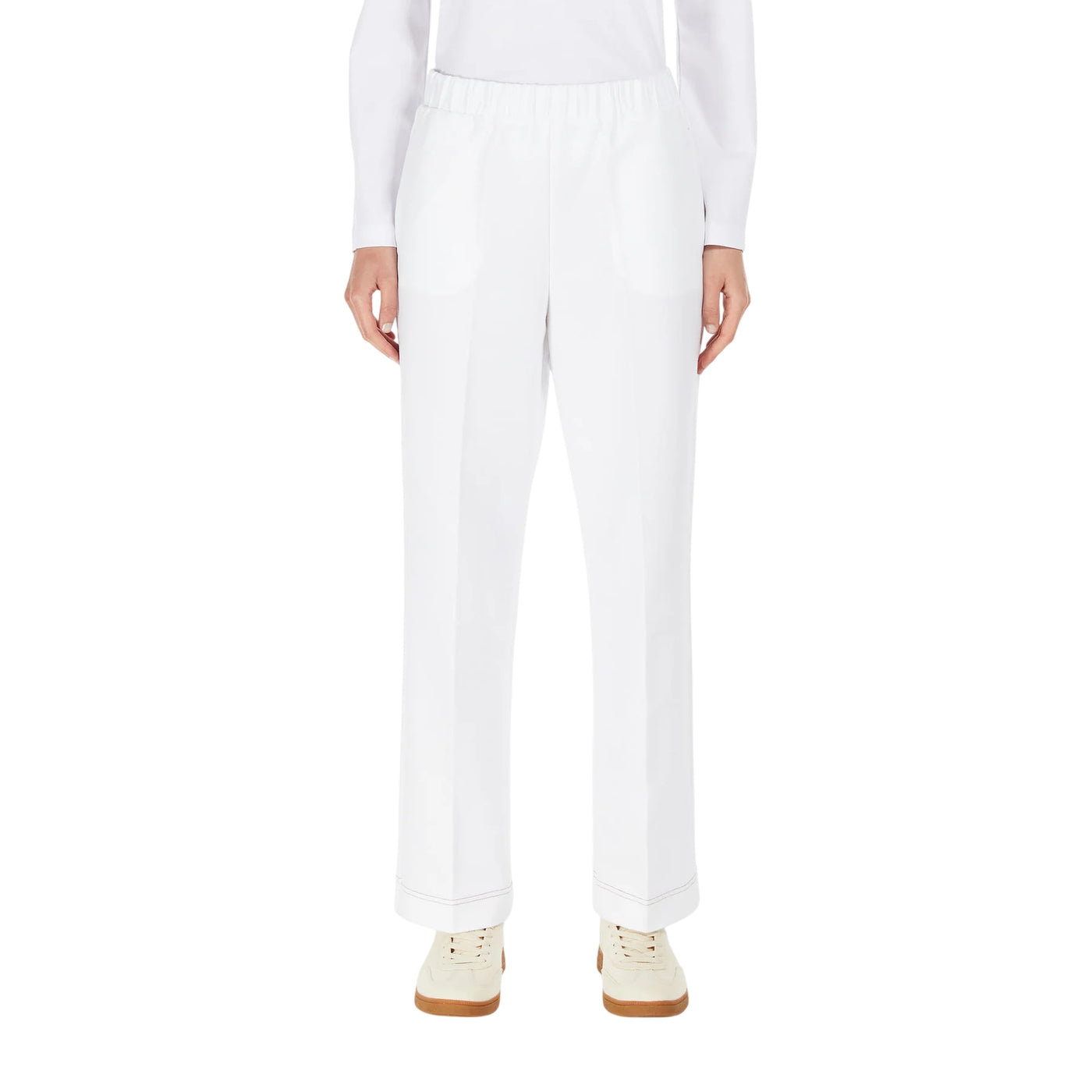 Pantaloni Donna bianchi con elastico in vita modella frontale