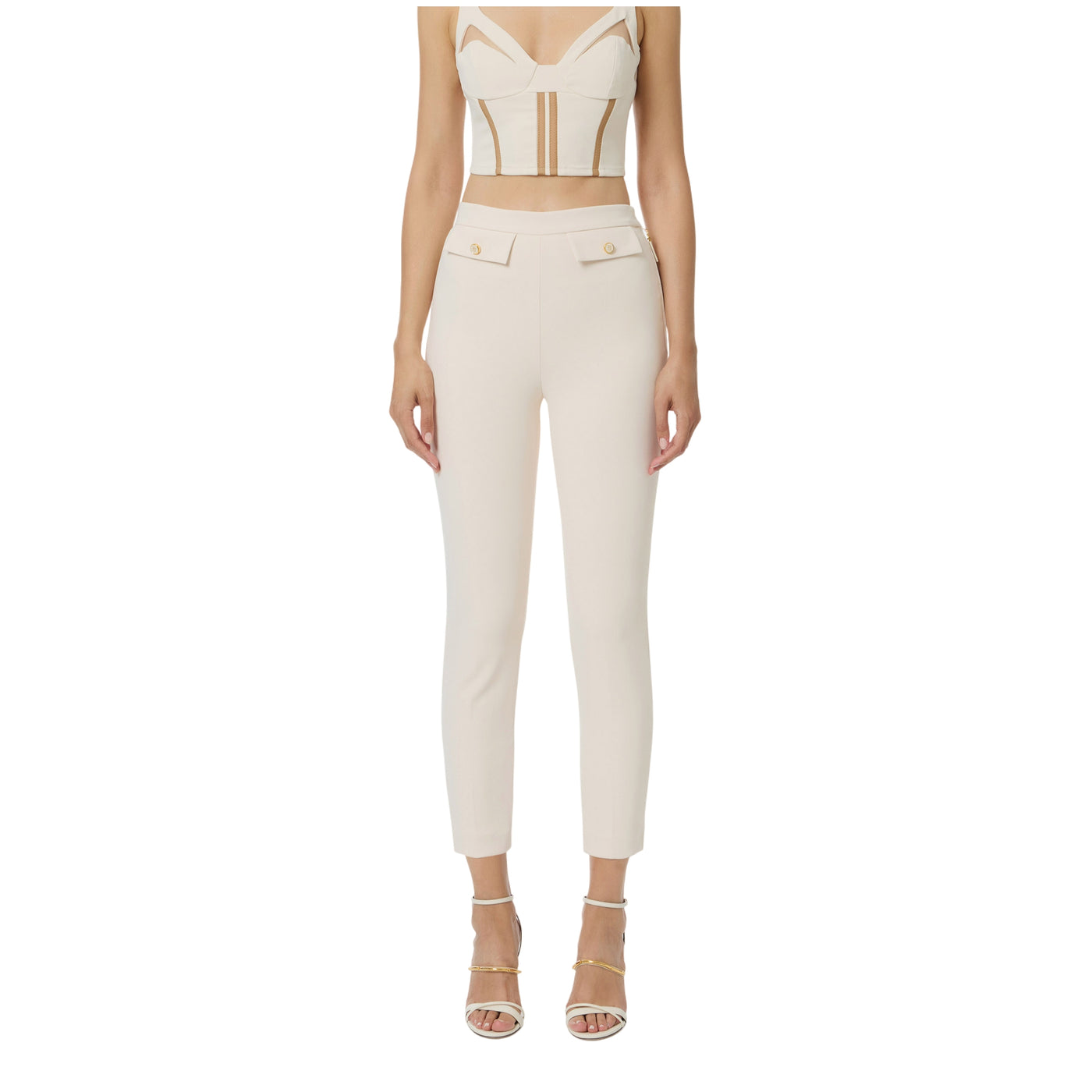 Pantaloni Donna con patte applicate con bottoni modella frontale