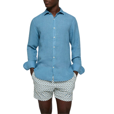 Camicia Uomo Pamplona in lino blu jeans modello frontale