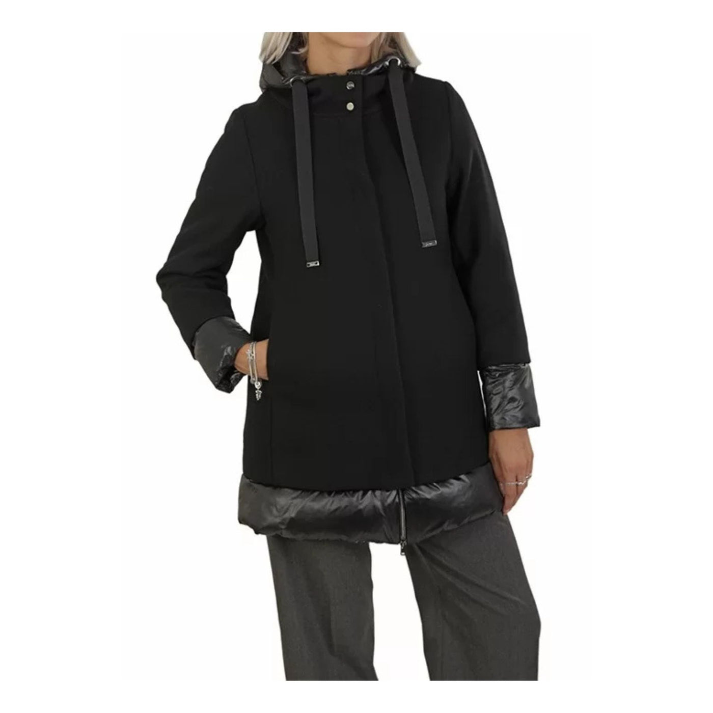 Giubbotto Donna in lana, con inserti in nylon e cappuccio