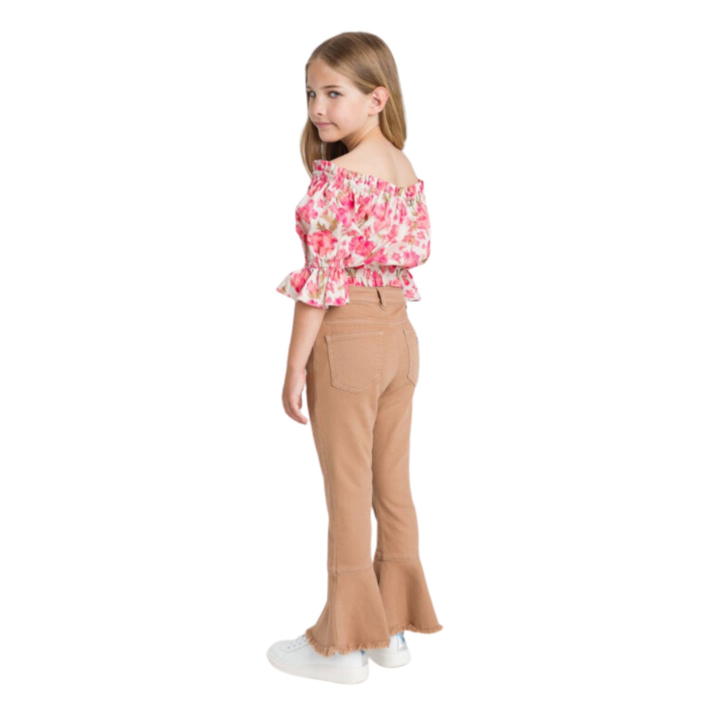 Retro modella con Pantalone in cotone elasticizzato a zampa con frange sul fondo