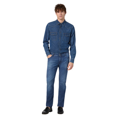 Jeans Uomo Nick in denim power stretch blu scuro modello frontale